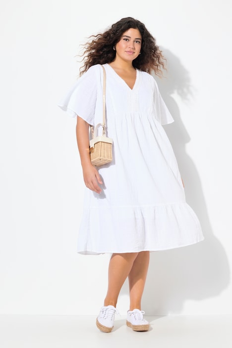 Seersucker Short Sleeve V-Neck Midi Dress