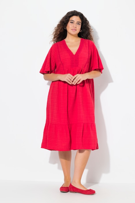 Seersucker Short Sleeve V-Neck Midi Dress