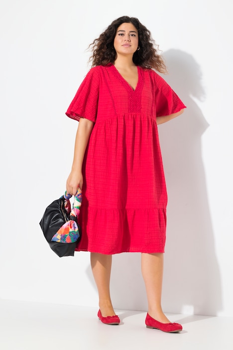 Seersucker Short Sleeve V-Neck Midi Dress