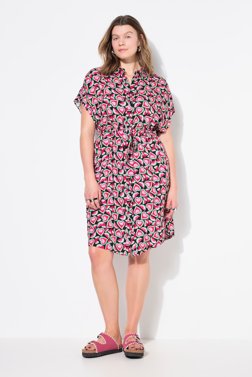 Hemdblusen-Midikleid, Fruits-Print, Bindegürtel