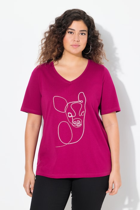 T-shirt con design metallico con animale, scollo a V e mezze maniche