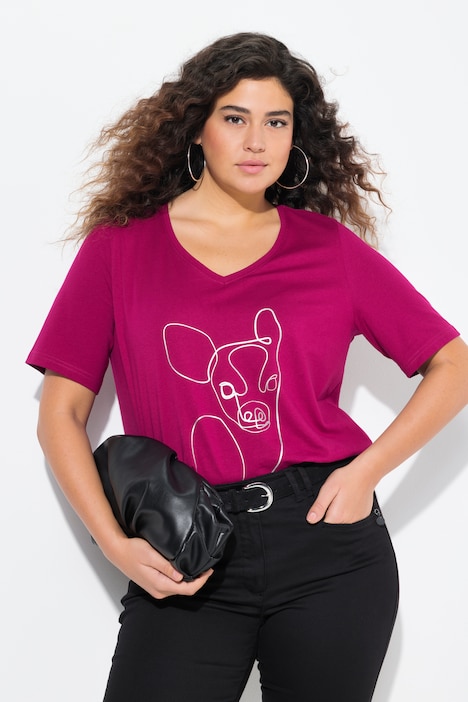 T-shirt con design metallico con animale, scollo a V e mezze maniche