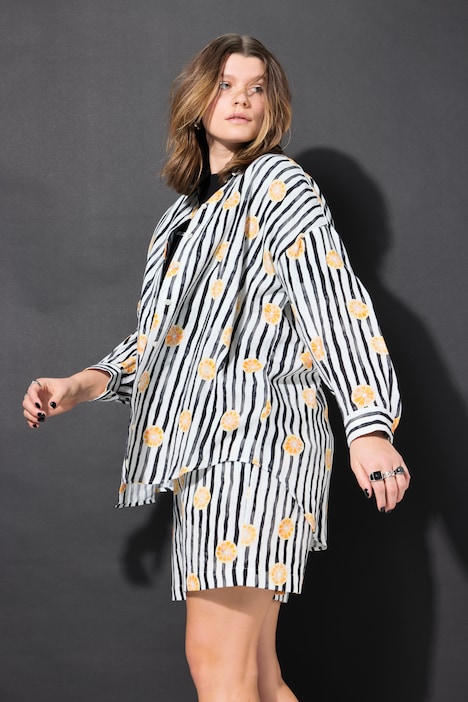 Stribet bluse, oversize, frugtprint på striber