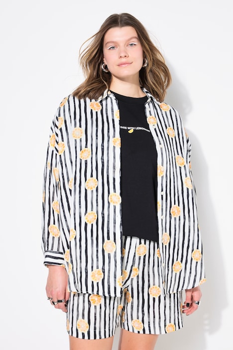 Striped Fruit Print Long Sleeve Button Down Muslin Blouse