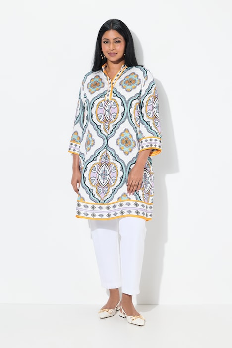 Ornamental Ogee Print 3/4 Sleeve Satin Tunic