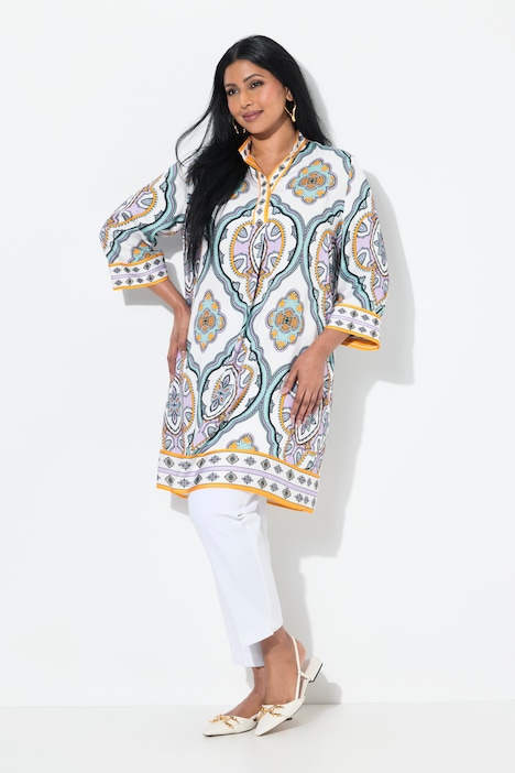 Ornamental Ogee Print 3/4 Sleeve Satin Tunic