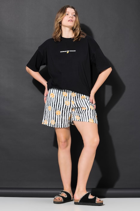 Short rayé imprimé fruits, coupe Wide Legs, taille élastique