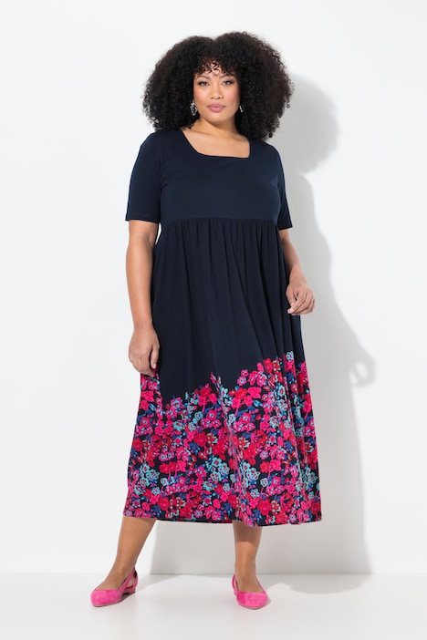 Floral Border Print Empire Knit A-Line Pocket Dress