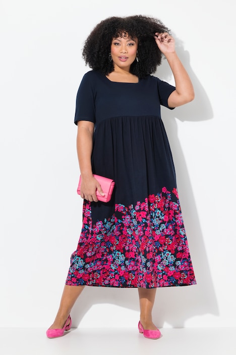 Floral Border Print Empire Knit A-Line Pocket Dress