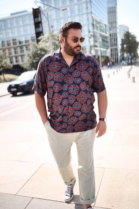 Men+ viscose overhemd, korte mouw, all-over print, Cubaanse kraag, Cubaanse fit, tot 8XL