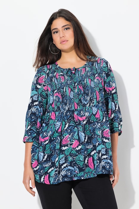 Smocked Butterfly Print 3/4 Sleeve Blouse