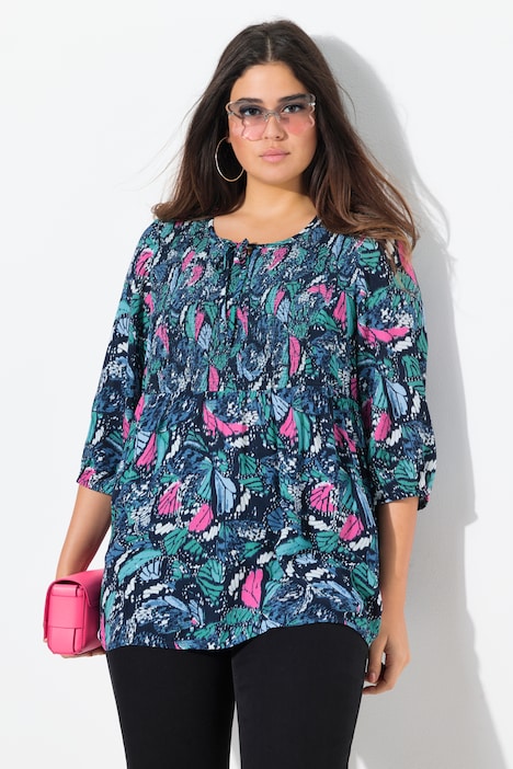 Blusa a punto smock con farfalle, scollo a girocollo e maniche a 3/4