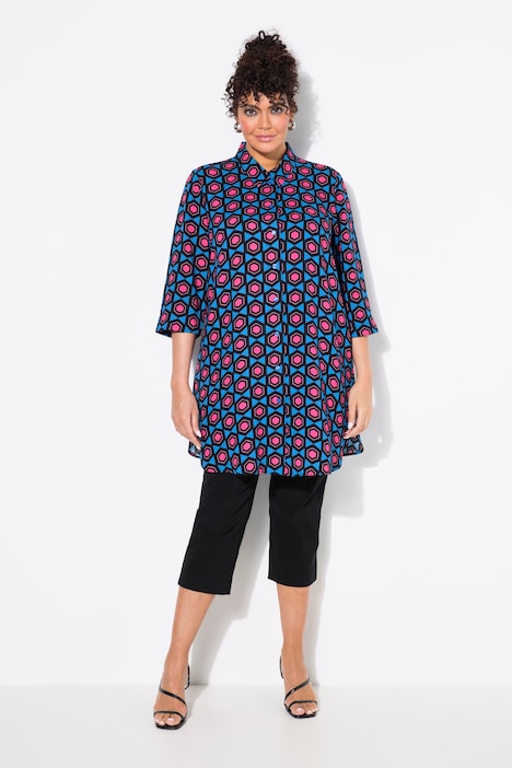 Geometric Print 3/4 Sleeve Button Down Tunic Blouse