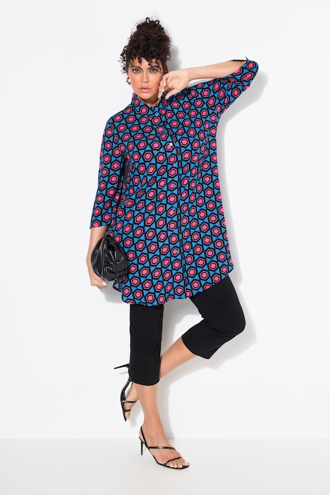 Geometric Print 3/4 Sleeve Button Down Tunic Blouse