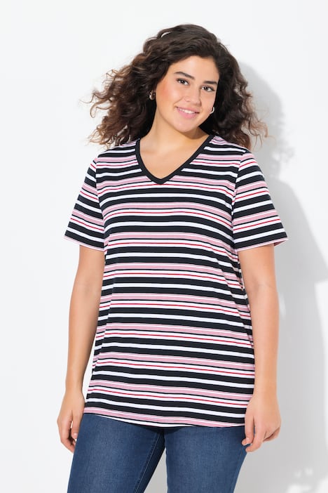 Colorful Striped Short Sleeve V-Neck Tee