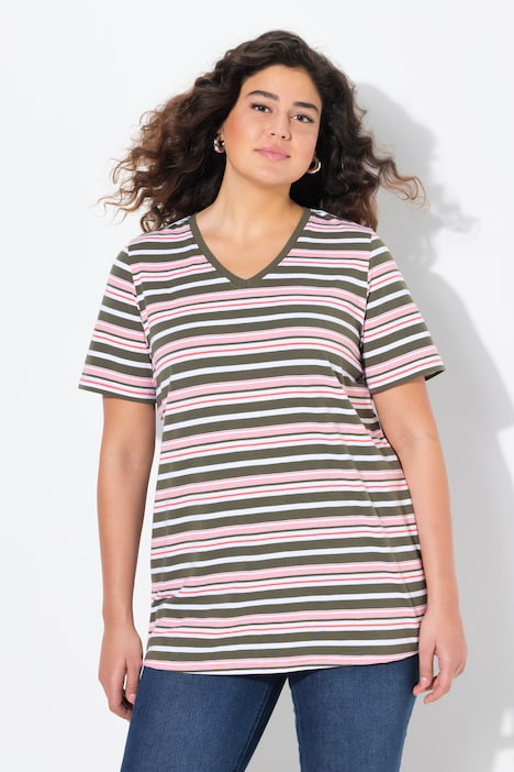 Colorful Striped Short Sleeve V-Neck Tee