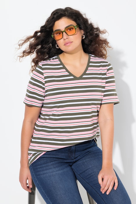 Colorful Striped Short Sleeve V-Neck Tee