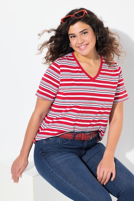 Colorful Striped Short Sleeve V-Neck Tee