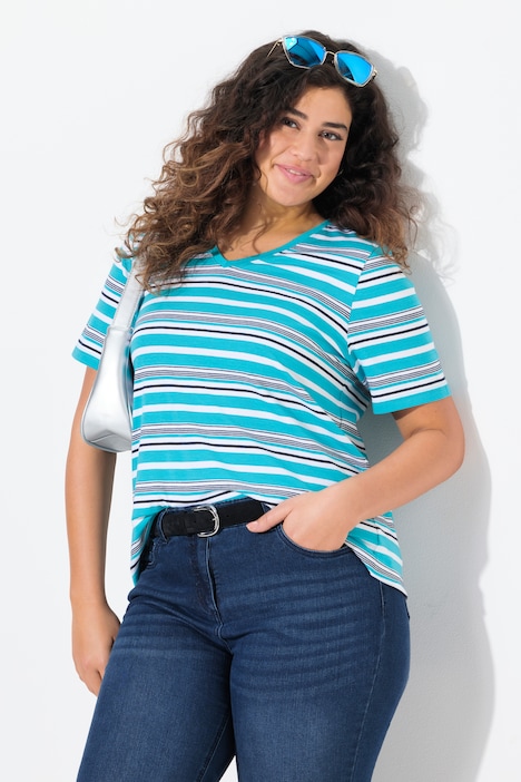 Colorful Striped Short Sleeve V-Neck Tee