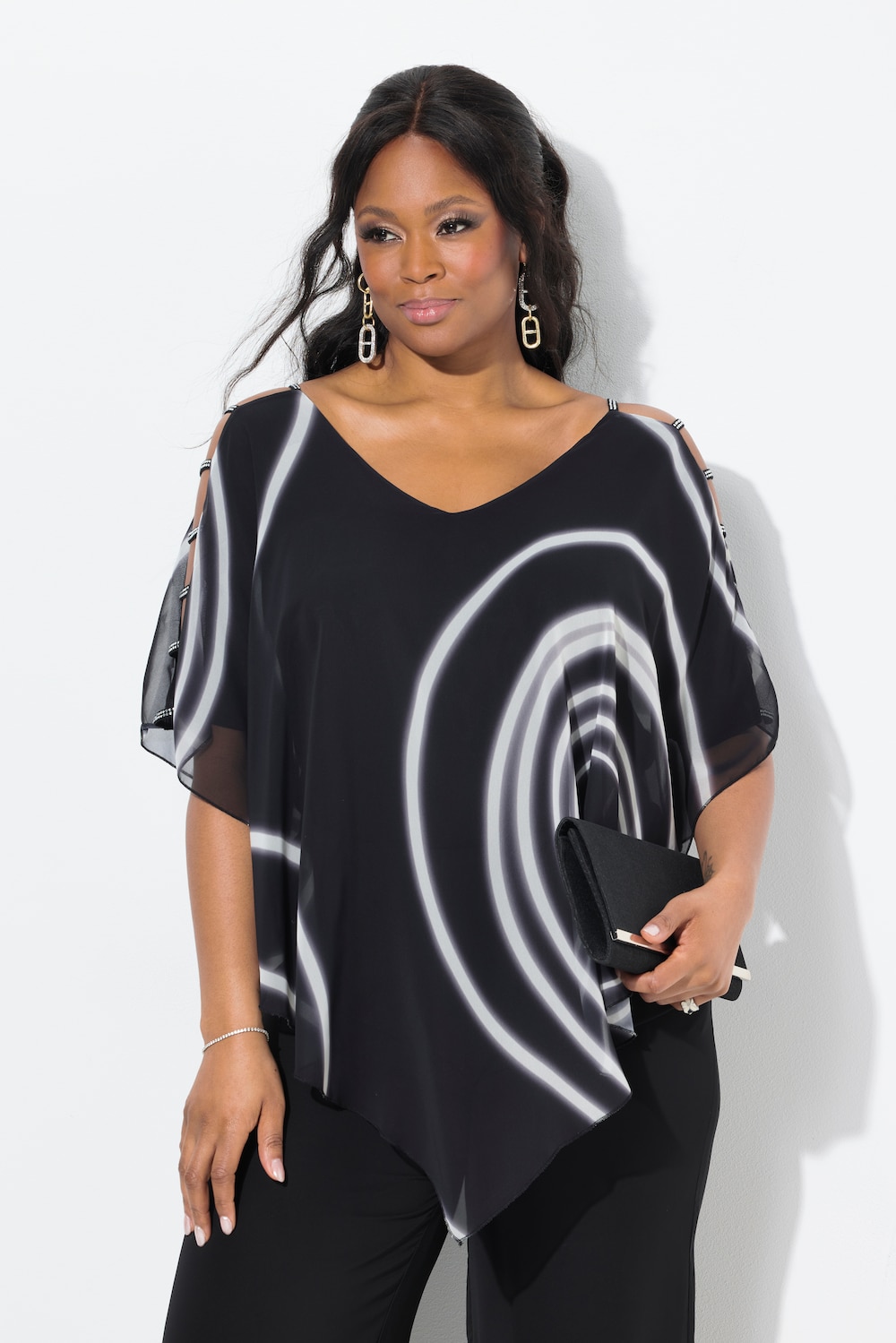 Blouse, dubbel gelaagd, puntzoom, V-hals, korte mouwen