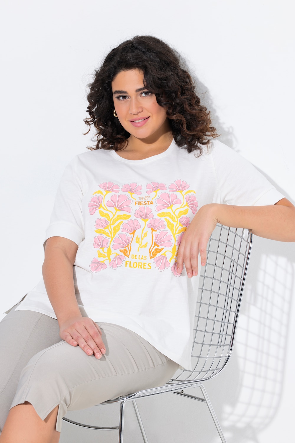T-Shirt, Blüten, Stickerei, Rundhals, Halbarm