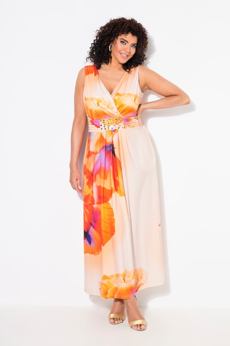 Floral Wrap Look Sleeveless Maxi Dress