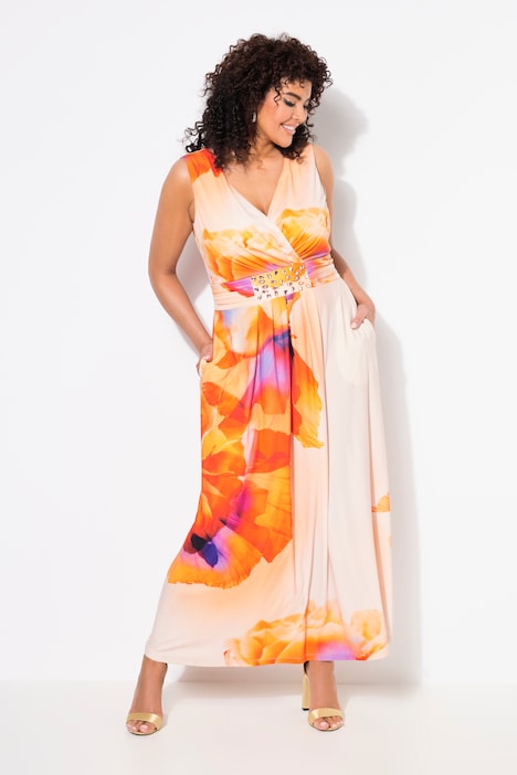 Floral Wrap Look Sleeveless Maxi Dress