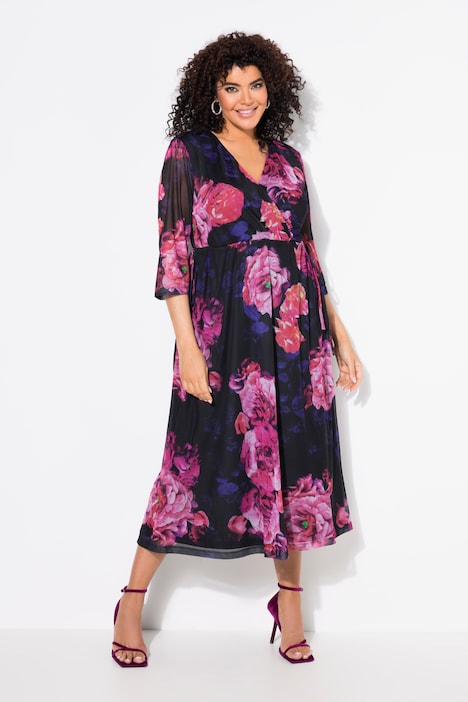 Robe maxi en mesh, motif floral, décolleté en V et manches courtes chauve-souris