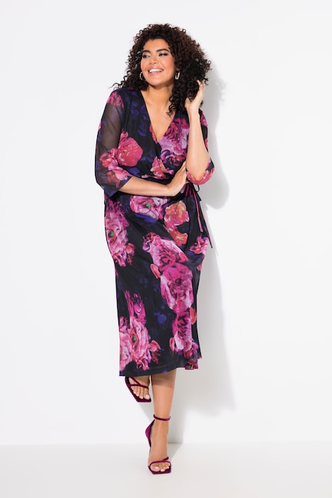 Robe maxi en mesh, motif floral, décolleté en V et manches courtes chauve-souris