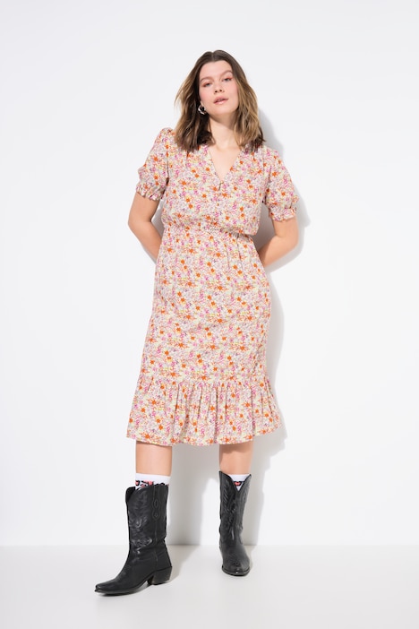 Robe midi à volants, imprimé floral minimaliste, coupe évasée