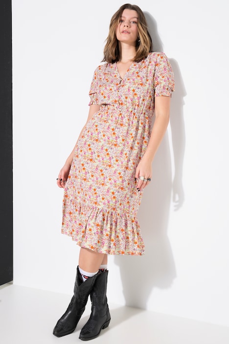 Robe midi à volants, imprimé floral minimaliste, coupe évasée