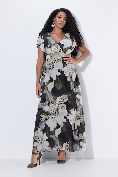 Maxikleid, Gürtel, V-Ausschnitt, Flügel-Halbarm