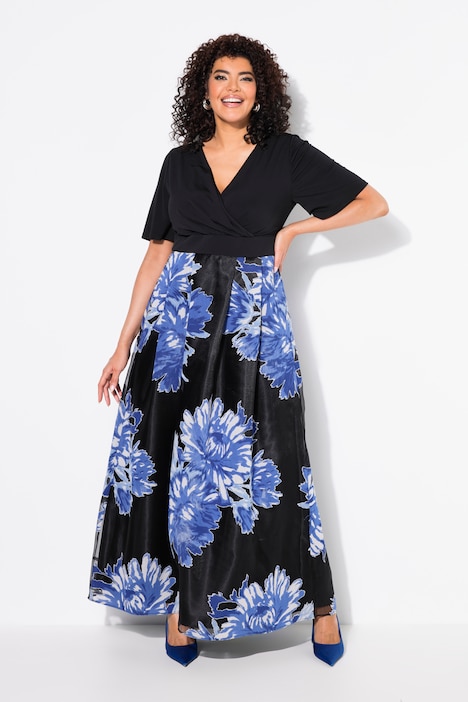 Robe maxi, jupe en tissu dévoré, encolure en V, manches mi-longues