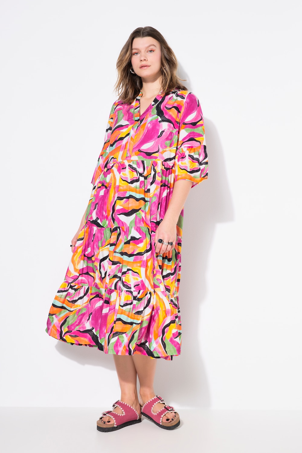 Maxikleid, abstrakter Print, 3/4-Ärmel, Volants