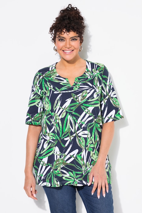 Brushstroke Leaf Print Short Sleeve Split Neck Tee