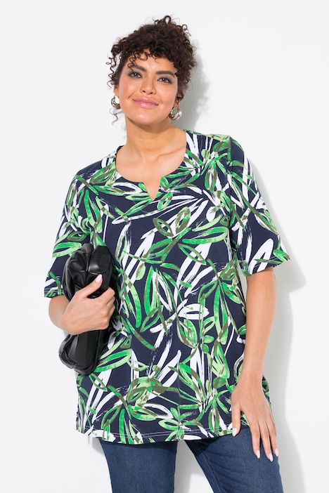 Brushstroke Leaf Print Short Sleeve Split Neck Tee