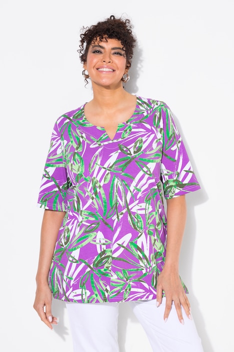 Brushstroke Leaf Print Short Sleeve Split Neck Tee