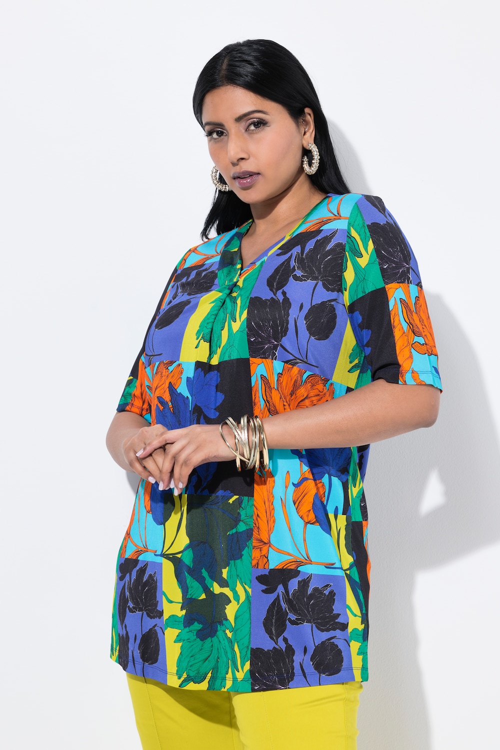 Slinky shirt, bladeren, A-lijn, V-hals, korte mouwen