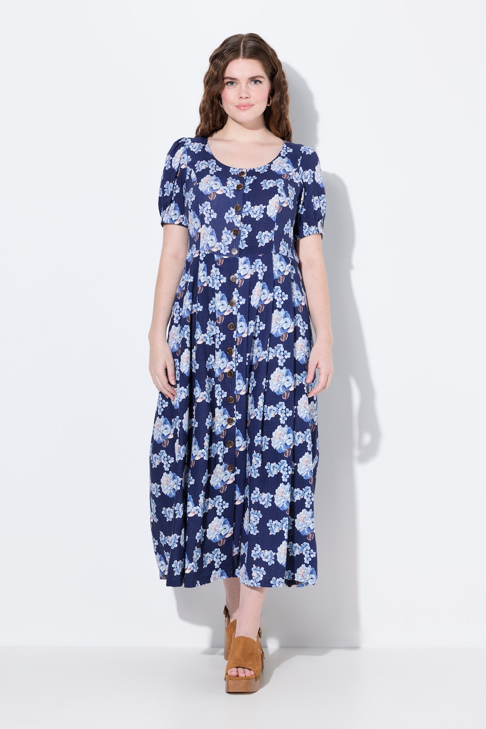 Große Größen Leinenmix-Maxikleid, Damen, blau, Größe: 50/52, Viskose/Leinen, Ulla Popken