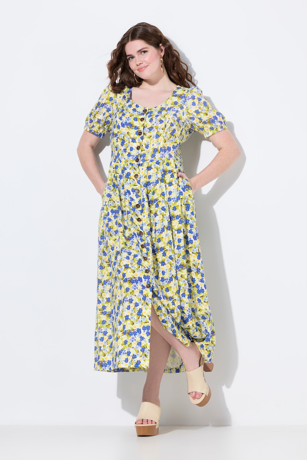 Leinenmix-Maxikleid, Rundhals, Halbarm, Taschen