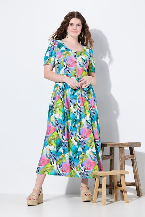Abito Lungo Donna In Lino Stile Retrò - Scollo Rotondo, Mezza Manica, Con Tasche, Taglie Forti, Lungo Alla Caviglia, Colore Unito