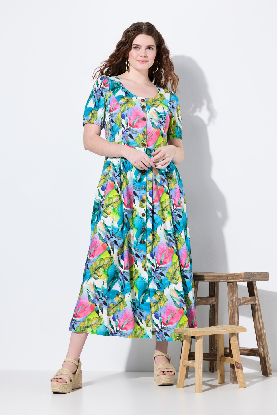 Abito Lungo Donna In Lino Stile Retrò - Scollo Rotondo, Mezza Manica, Con Tasche, Taglie Forti, Lungo Alla Caviglia, Colore Unito