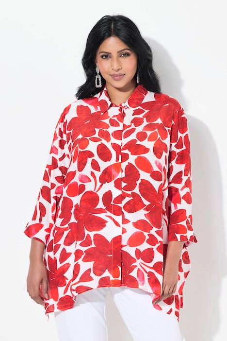 Blouse, bloemen, puntzoom, overhemdkraag, 3/4-mouwen