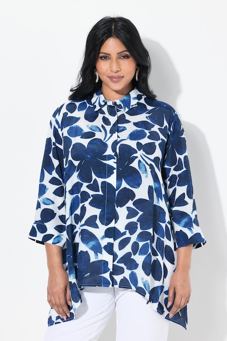 Blouse, bloemen, puntzoom, overhemdkraag, 3/4-mouwen