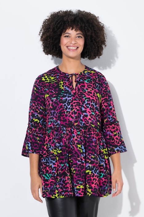 Bluse, A-Linie, farbiger Leo-Print, Volants