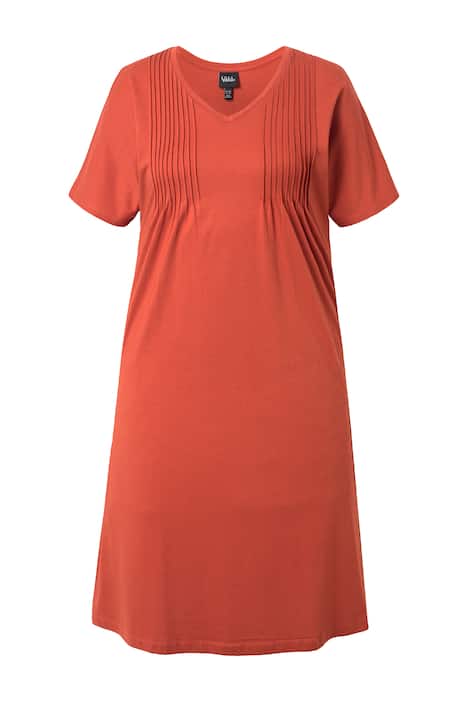 Žerzejové šaty, plisování, A střih, výstřih do V, krátké rukávy