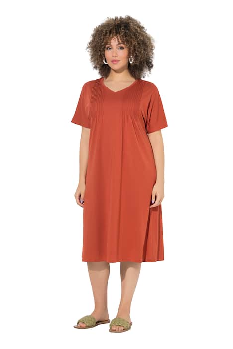 Žerzejové šaty, plisování, A střih, výstřih do V, krátké rukávy