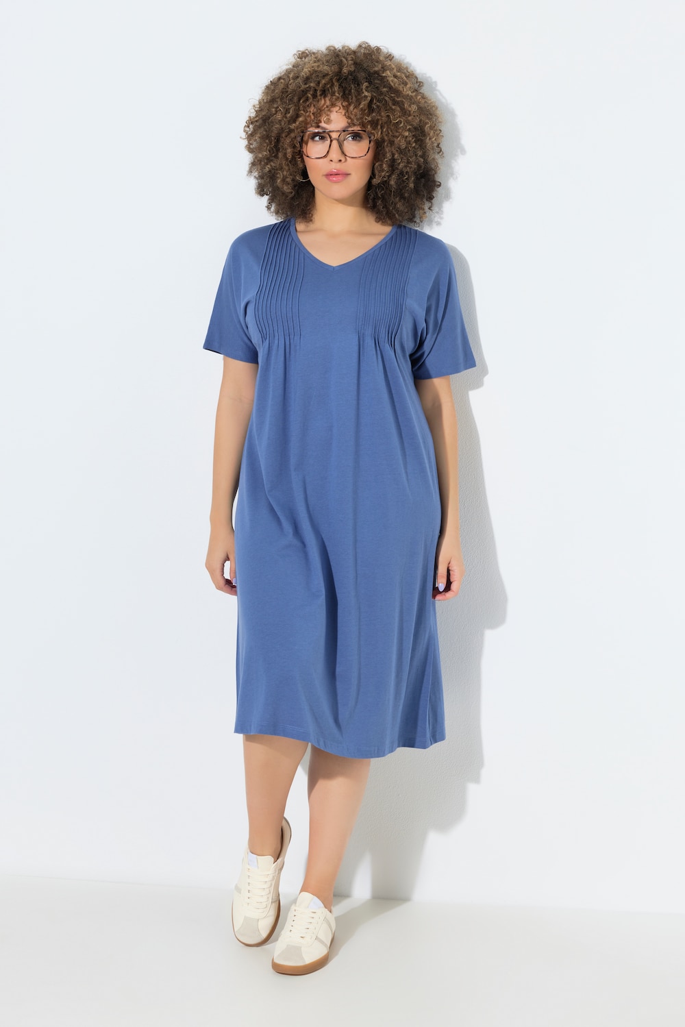 Jerseykjole, piping, A-linje, V-hals, korte ermer