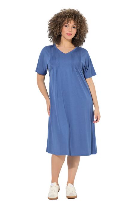 Žerzejové šaty, plisování, A střih, výstřih do V, krátké rukávy