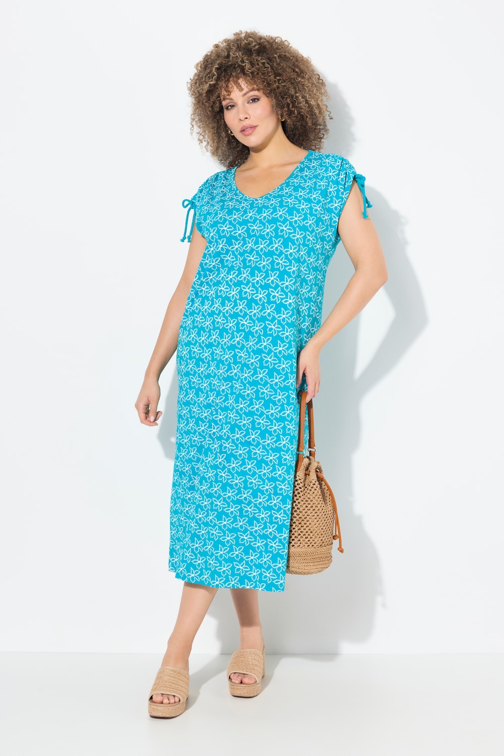 Midi-jurk, bloemen, A-lijn, V-hals, mouwloos